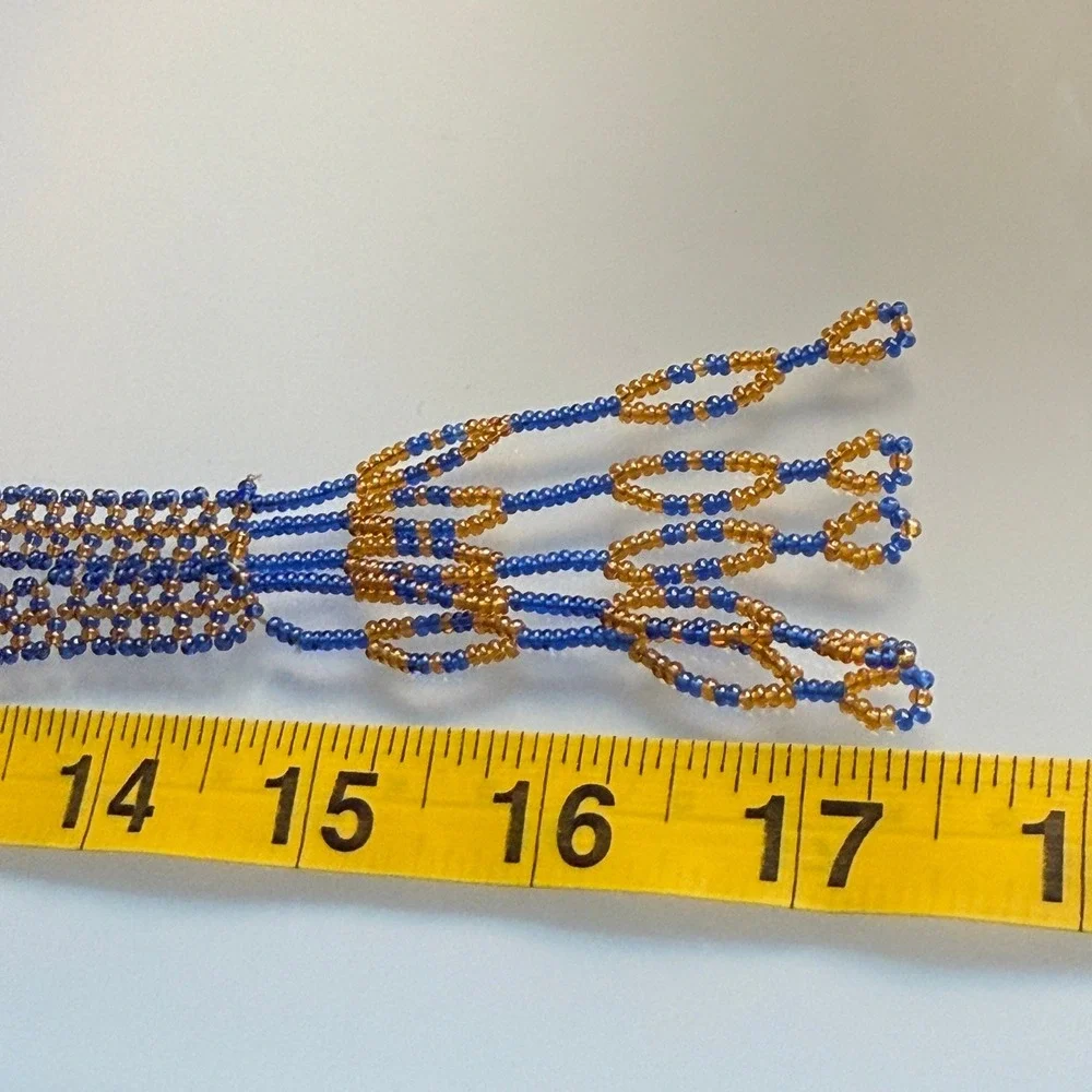 Blue Amber Seed Bead Tassel Lariat Necklace Boho Woven Statement Hippie Festival